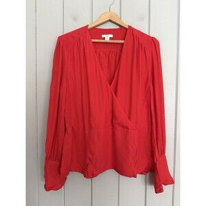 Lewit Top L Large 100% Silk Red Faux Wrap Long Sleeves V-Neck Career Work